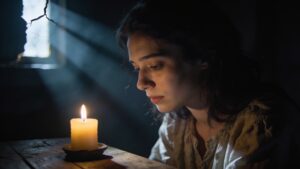 Emotionally exhausted figure in candlelight symbolizing mercy, grief healing, emotional restoration, and compassionate recovery through Psalm 6