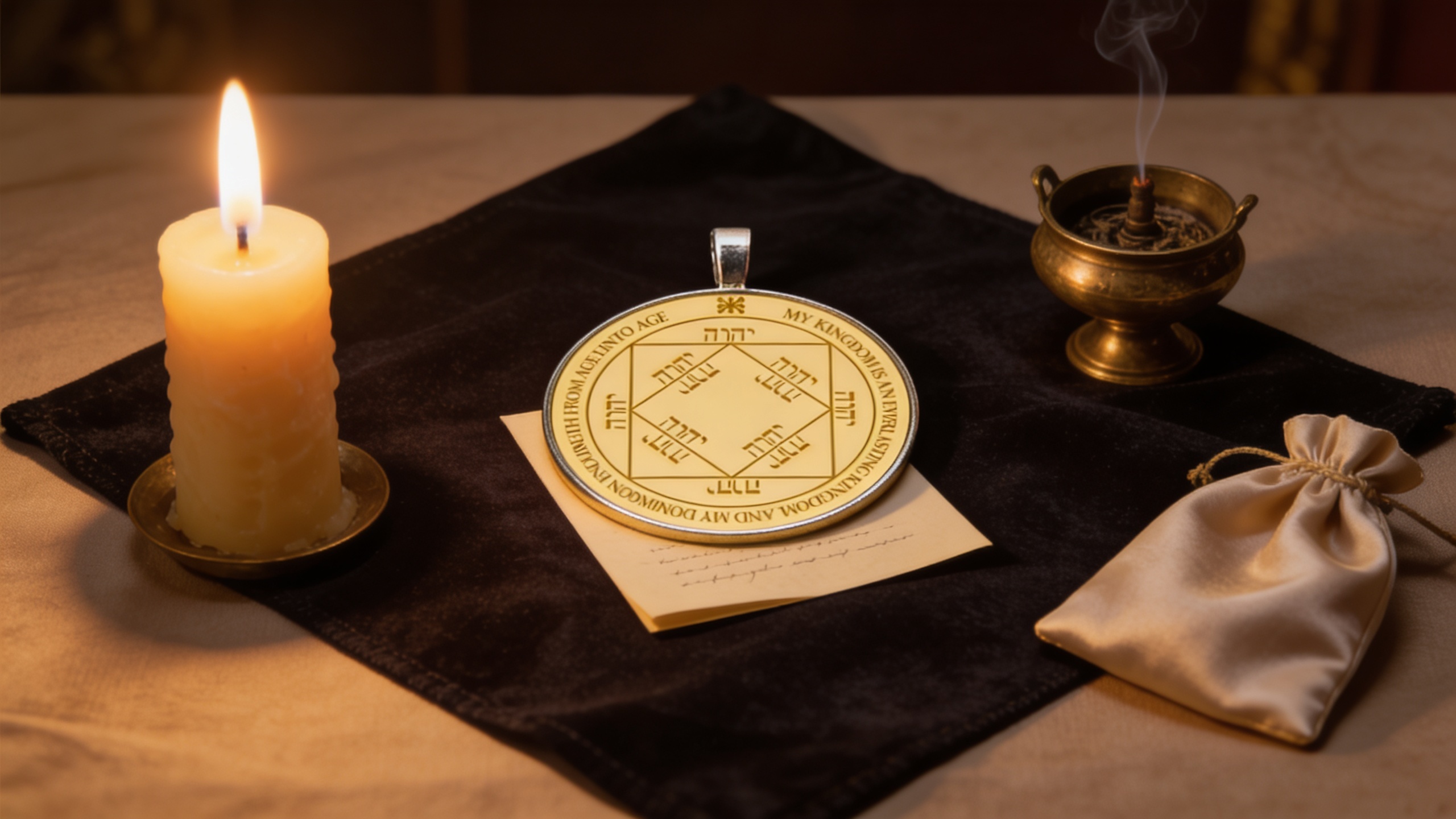 Solomonic pentacle placed at the center of a candlelit altar with incense and a petition paper, arranged in a clean and intentional ritual setup