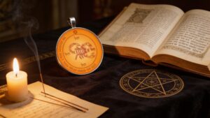 Open Psalms manuscript beside a Solomonic pentacle on a candlelit altar, illustrating Psalm pairing in pentacle work