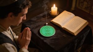 Person using a Solomonic pentacle with Psalms, candlelight, and focused prayer in a grounded devotional ritual setting