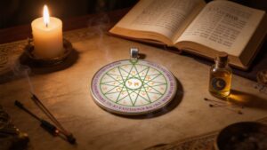 Solomonic pentacle layered with candles, Psalms, incense, and planetary oils in a coherent ritual setting