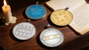 Multiple Solomonic pentacles arranged together in a coherent ritual setup emphasizing planetary compatibility and layered intention