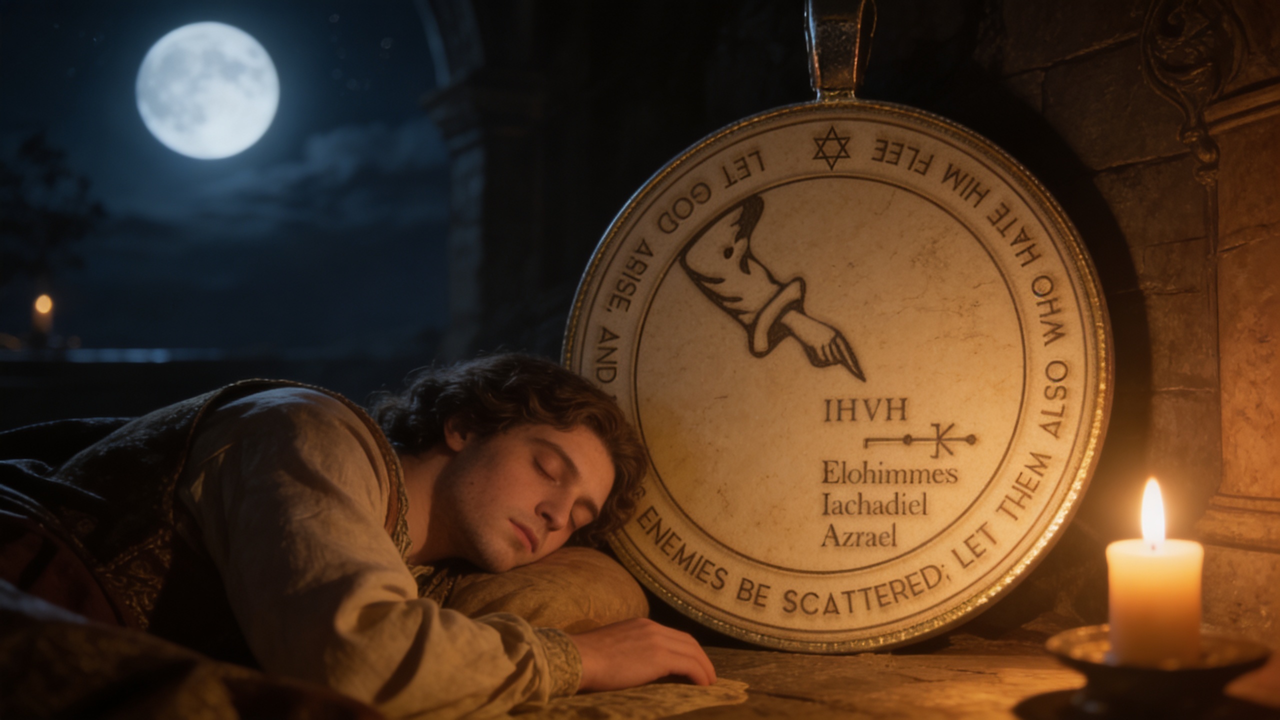 Person sleeping near a Solomonic pentacle in a peaceful candlelit ritual setting