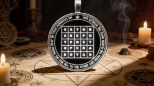 Solomonic pentacles used for spiritual defense, reversal, and protective boundary work in a calm Renaissance-style ritual setting