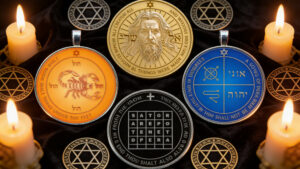 Legendary Solomonic pentacles associated with protection, authority, revelation, and symbolic ritual power in a Renaissance-style setting