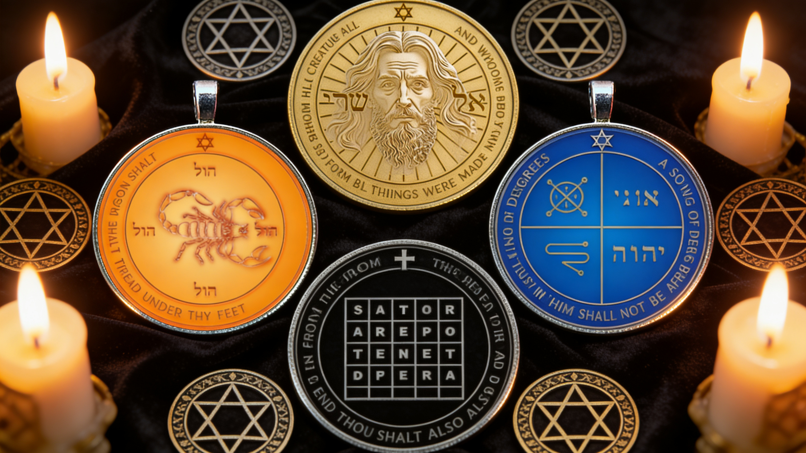 Legendary Solomonic pentacles associated with protection, authority, revelation, and symbolic ritual power in a Renaissance-style setting