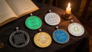 Several Solomonic pentacles arranged on a candlelit altar beside a journal, representing beginner choices by goal and practical use