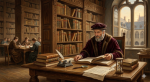 Renaissance-style scene representing academic discipline, focus, consistency, and long-term learning