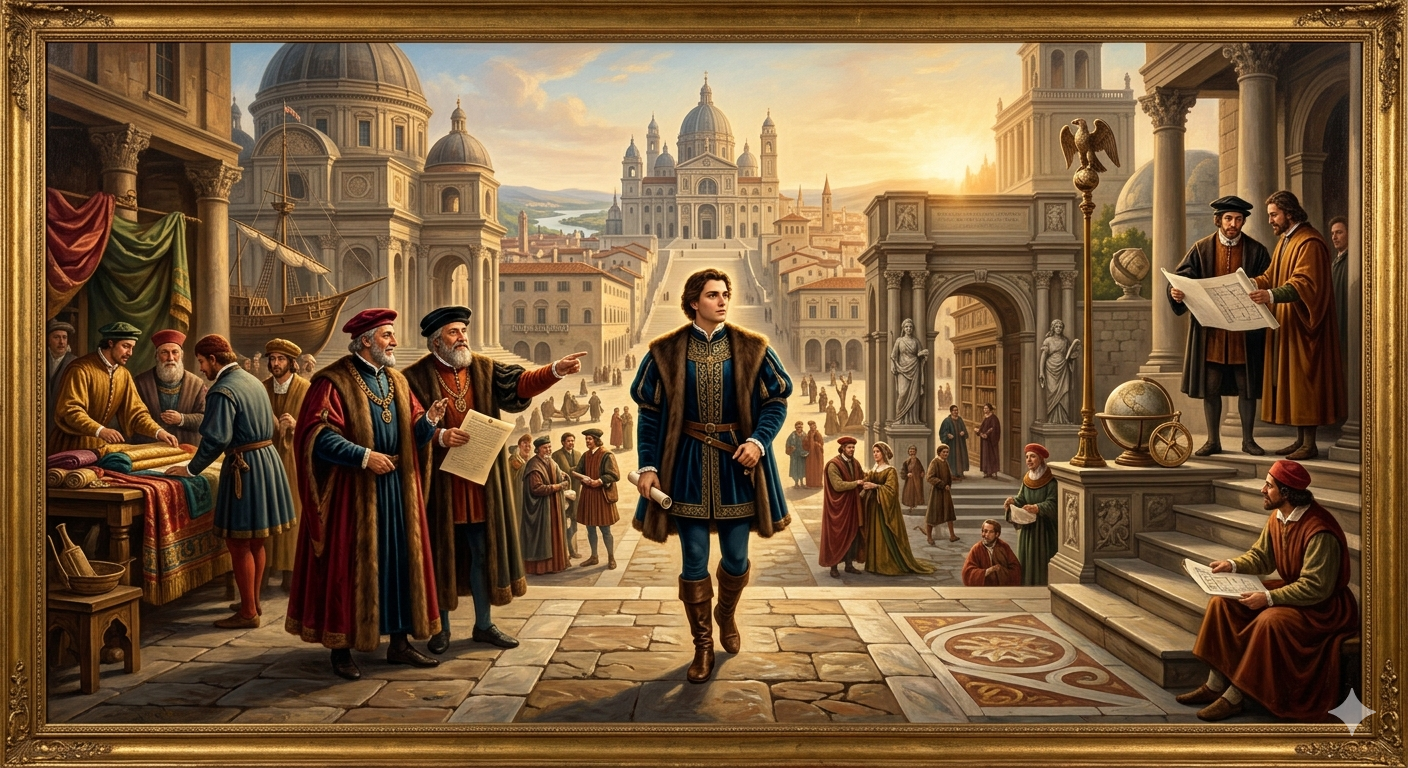 Renaissance-style scene representing professional growth, new employment opportunities, and career success