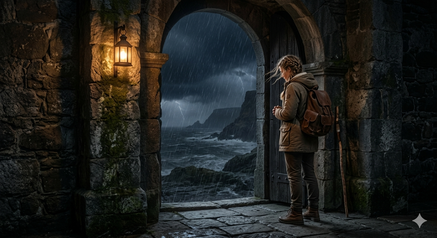 Traveler standing inside a stone fortress during a storm, symbolizing trust, protection, endurance, refuge, emotional stability, resilience, courage, and steadfast faith through Psalm 31.