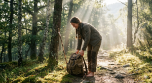Traveler placing a heavy backpack on the ground in morning sunlight, symbolizing honesty, forgiveness, emotional freedom, healing, reconciliation, inner peace, and release from burdens through Psalm 32.