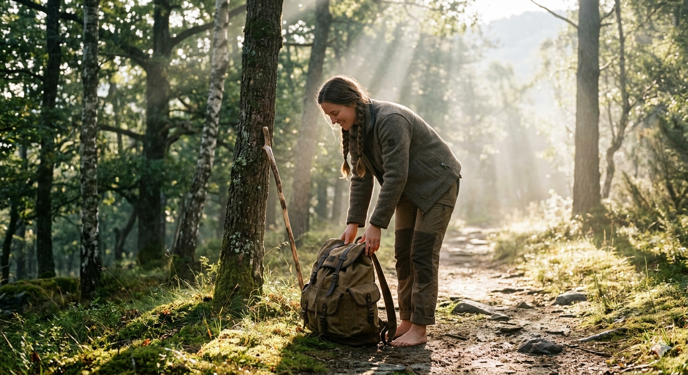 Traveler placing a heavy backpack on the ground in morning sunlight, symbolizing honesty, forgiveness, emotional freedom, healing, reconciliation, inner peace, and release from burdens through Psalm 32.