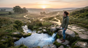 Person standing beside a radiant fountain at dawn while light reveals hidden paths, symbolizing discernment, wisdom, clarity, self-awareness, truth, renewal, and inner illumination through Psalm 36.