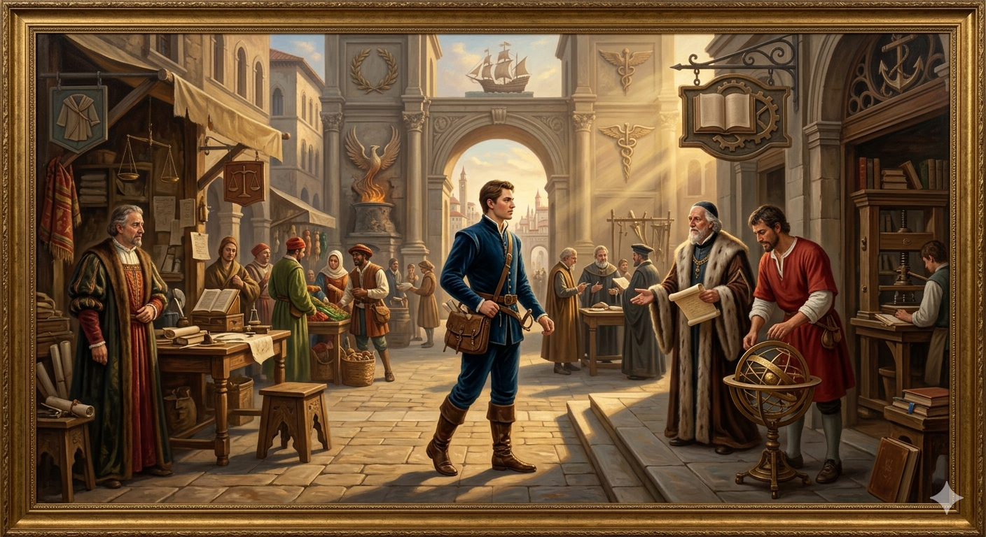 Renaissance-style scene representing professional reinvention, career growth, and new directions
