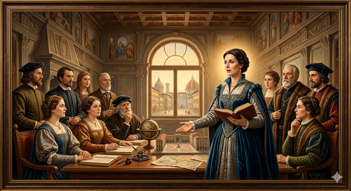 Renaissance-style scene representing workplace confidence, professional growth, and effective communication