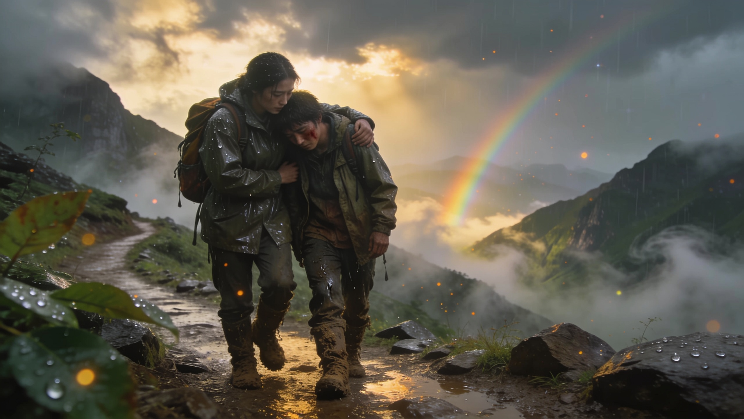 Compassionate traveler helping an exhausted companion along a mountain path after a storm, symbolizing healing, resilience, loyalty, integrity, wise trust, emotional strength, and compassion through Psalm 41.