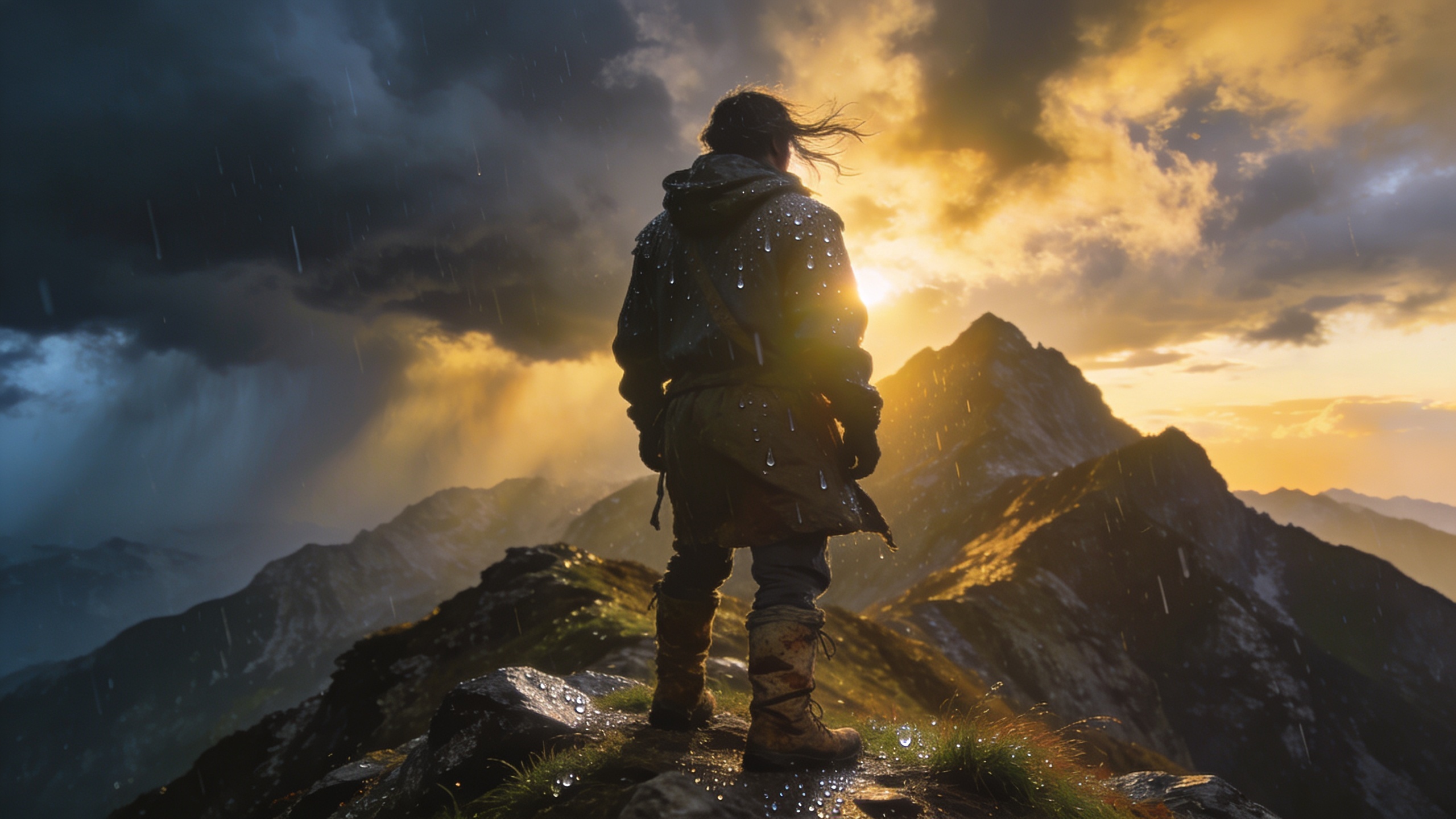 Determined traveler standing in golden dawn light above storm clouds, symbolizing courage, confidence, resilience, hope, perseverance, and inner strength through Psalm 27.