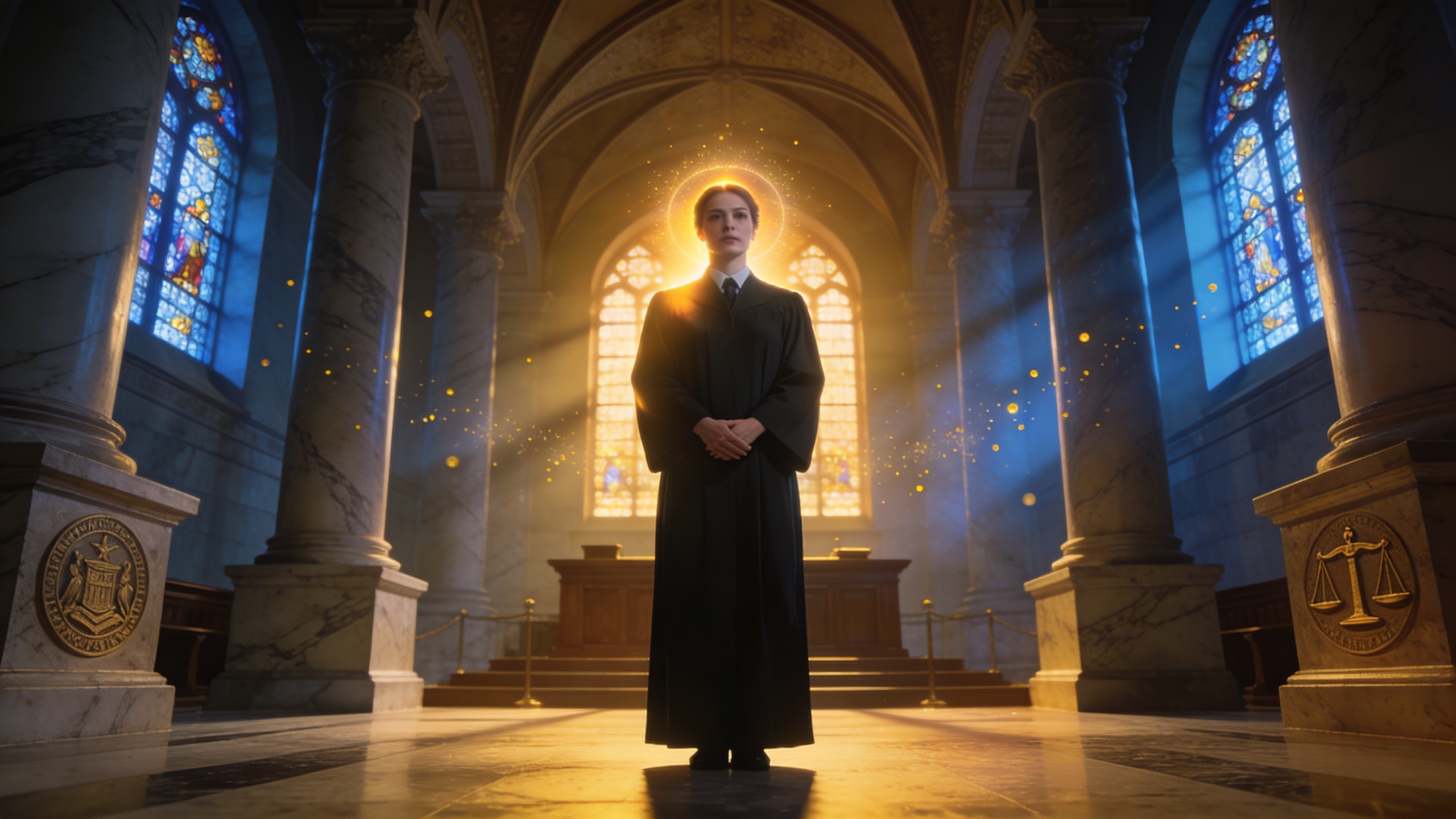 Dignified figure standing in a hall of justice illuminated by light, symbolizing protection, advocacy, integrity, resilience, vindication, courage, and commitment to truth through Psalm 35.