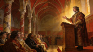 Renaissance-style scene representing communication skills, public speaking confidence, and effective expression
