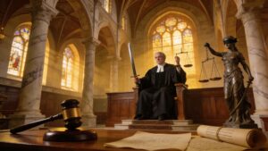Renaissance-style scene representing justice, lawful favor, credibility, perseverance, and effective legal advocacy