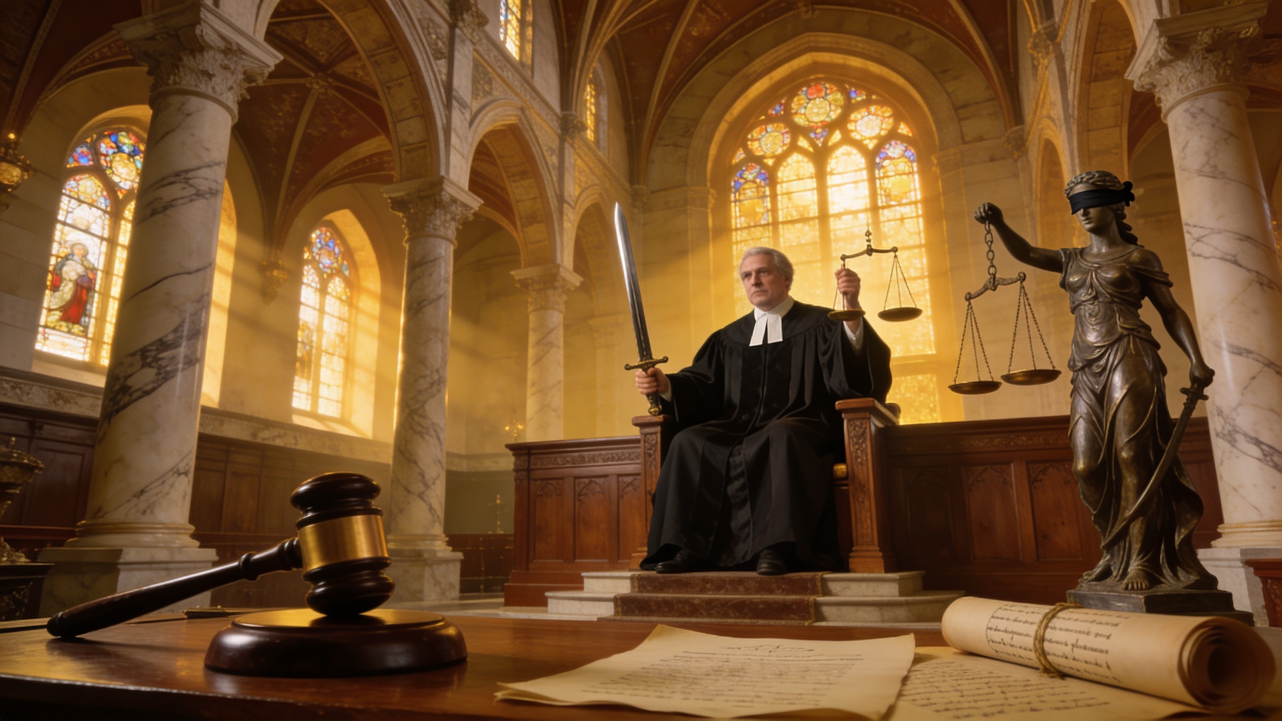 Renaissance-style scene representing justice, lawful favor, credibility, perseverance, and effective legal advocacy