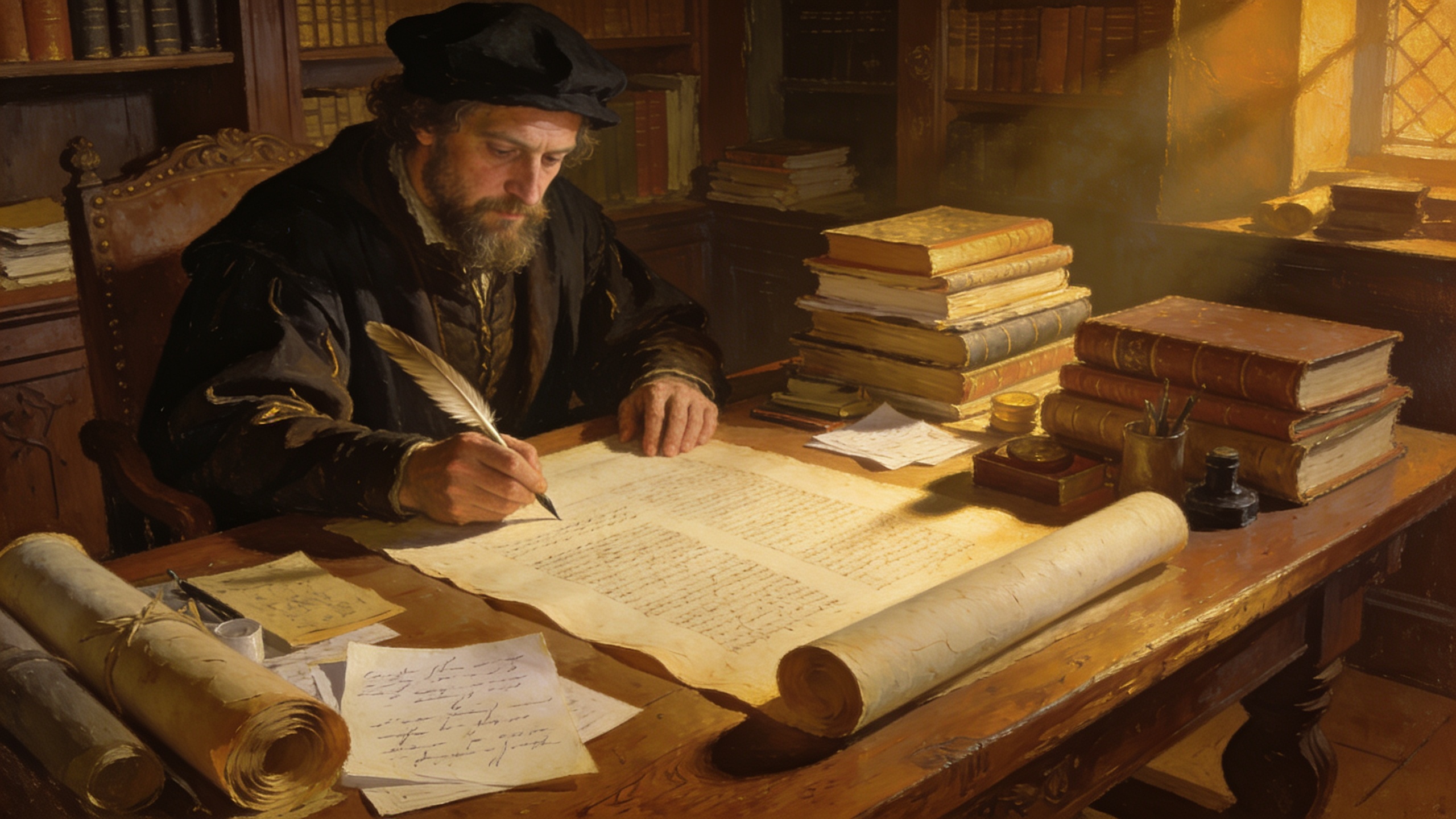 Renaissance-style scene representing thesis writing, academic research, organization, and scholarly development