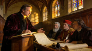 Renaissance-style scene representing academic evaluation, thesis defense, composure, and confident performance