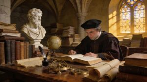 Renaissance-style scene representing university studies, higher learning, intellectual development, and academic success