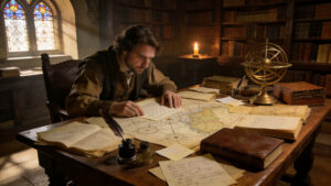 Renaissance-style scene representing research projects, analytical thinking, intellectual curiosity, and discovery