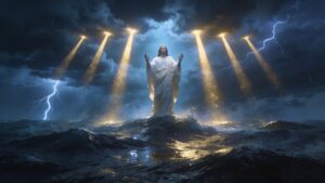 Majestic figure standing above stormy waters beneath seven beams of light, symbolizing authority, sacred power, leadership, inner strength, the Seven Voices of the Lord, and peace through Psalm 29.