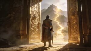 Noble figure standing before golden gates leading toward a mountain summit, symbolizing integrity, readiness, leadership, sacred opportunity, responsibility, personal growth, and advancement through Psalm 24.
