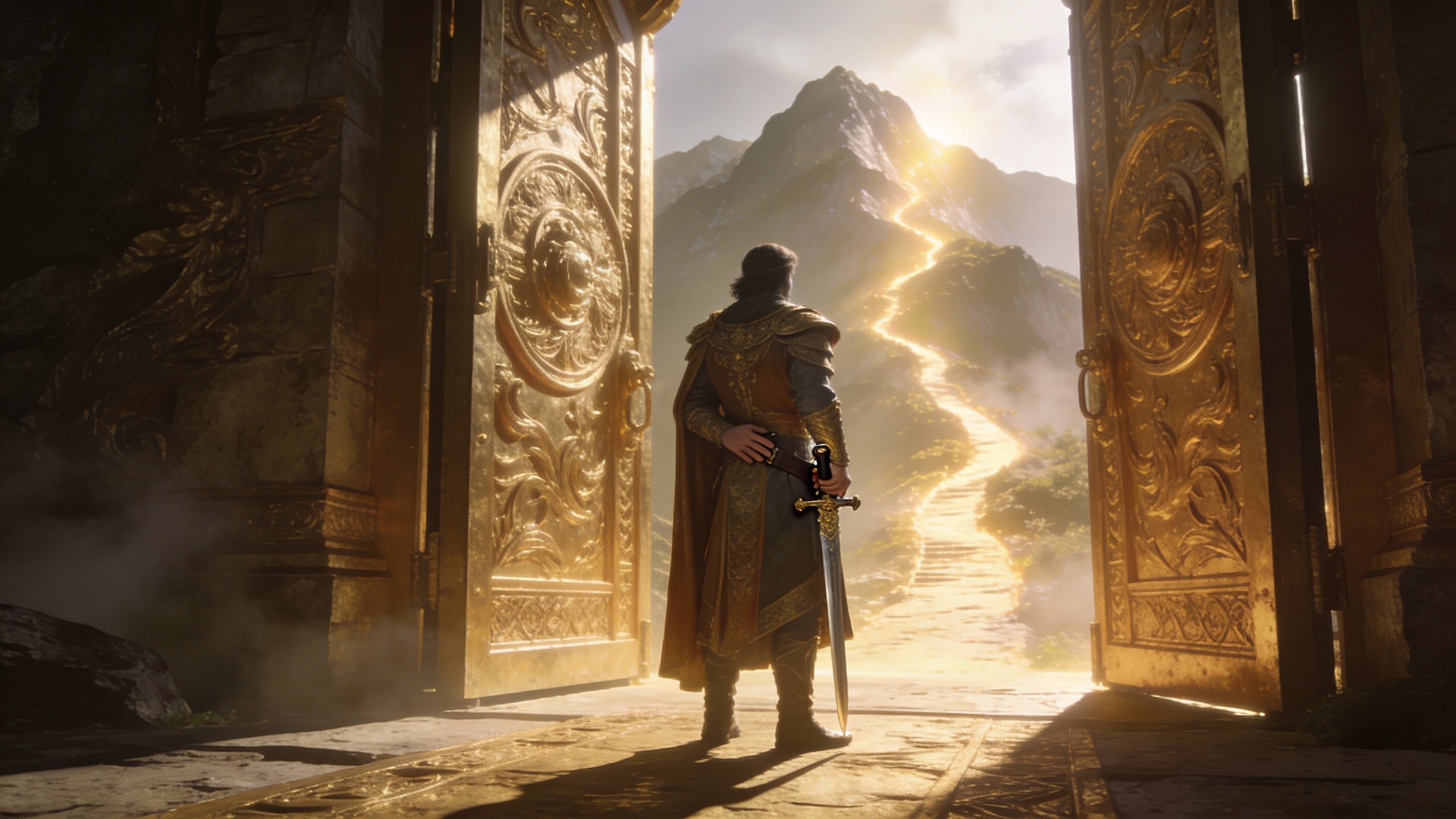 Noble figure standing before golden gates leading toward a mountain summit, symbolizing integrity, readiness, leadership, sacred opportunity, responsibility, personal growth, and advancement through Psalm 24.