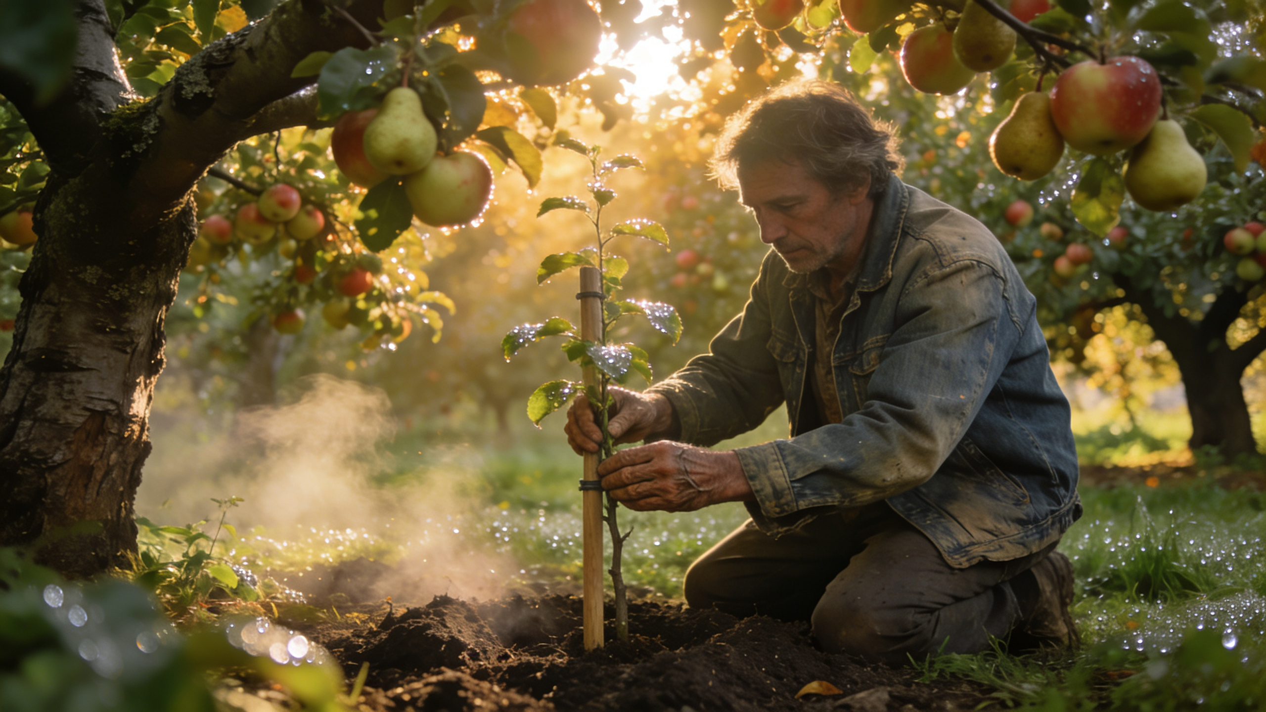 Patient gardener tending an orchard with young and mature trees at sunrise, symbolizing patience, perseverance, prosperity, steady growth, discipline, long-term success, and trust in the process through Psalm 37.