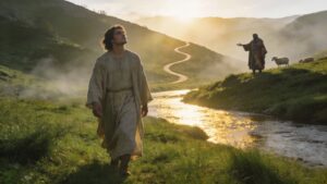 Peaceful traveler walking through a green valley beside still waters under the guidance of a shepherd, symbolizing trust, protection, emotional safety, restoration, resilience, and inner peace through Psalm 23.