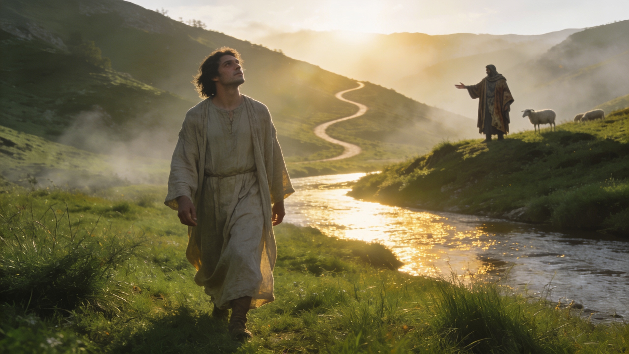 Peaceful traveler walking through a green valley beside still waters under the guidance of a shepherd, symbolizing trust, protection, emotional safety, restoration, resilience, and inner peace through Psalm 23.