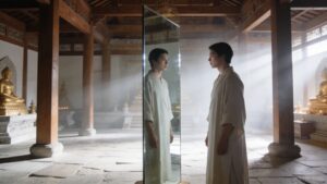 Person standing before a clear mirror in a temple of light, symbolizing integrity, authenticity, self-respect, accountability, honesty, and alignment through Psalm 26.