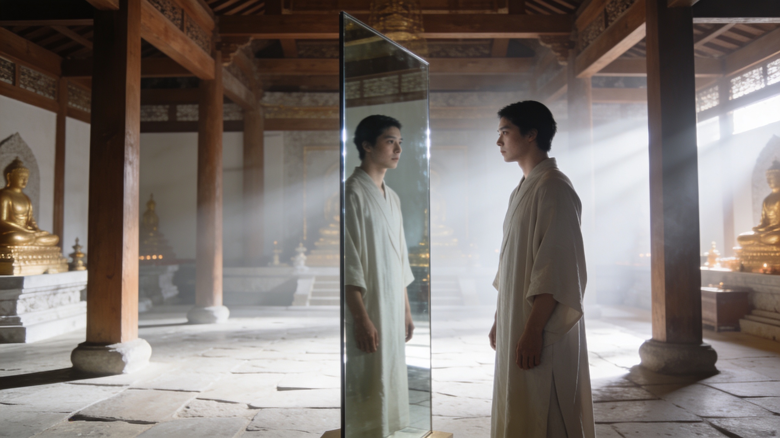 Person standing before a clear mirror in a temple of light, symbolizing integrity, authenticity, self-respect, accountability, honesty, and alignment through Psalm 26.