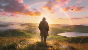 Traveler standing in the first light of dawn after a stormy night, symbolizing healing, restoration, emotional recovery, resilience, hope, gratitude, and renewal through Psalm 30.