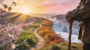 Traveler standing on a hill at sunrise overlooking a winding life path, symbolizing perspective, purpose, wisdom, gratitude, intentional living, meaningful choices, and the value of time through Psalm 39.