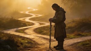 Thoughtful traveler at a crossroads illuminated by golden light, symbolizing wisdom, discernment, guidance, humility, life direction, careful decisions, and learning through Psalm 25.