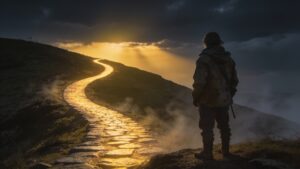 A traveler watching dawn light reveal a hidden path through the landscape, symbolizing clarity, guidance, truth, discernment, confidence, and finding direction through Psalm 43.
