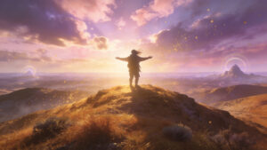 Traveler standing on a hill overlooking a vast horizon, symbolizing hope, confidence, gratitude, resilience, possibility, trust, and expanded perspective through Psalm 33.