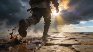 Traveler stepping from miry ground onto solid stone under clearing skies, symbolizing breakthrough, renewal, confidence, resilience, recovery after hardship, new beginnings, and forward movement through Psalm 40.