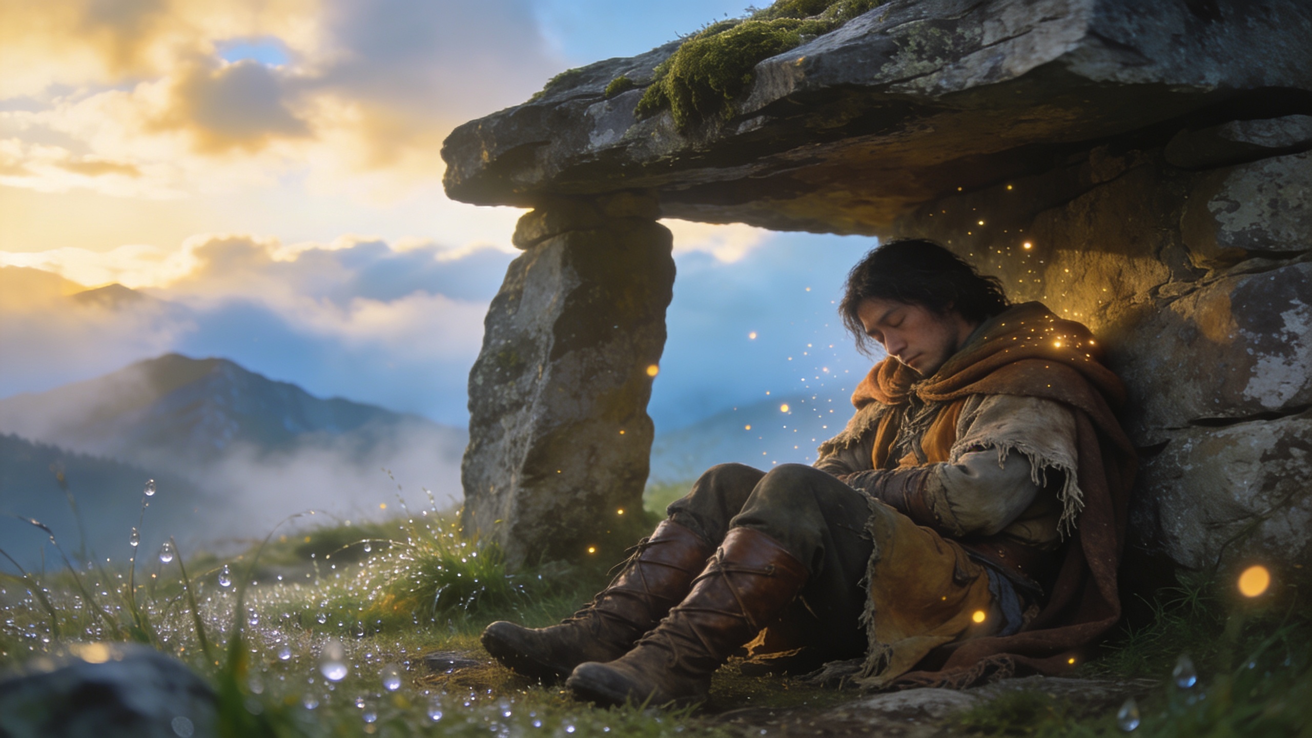 Traveler resting beside a stone shelter at dawn, symbolizing support, emotional recovery, resilience, renewed strength, encouragement, trust, and hope through Psalm 28.