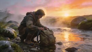 Weary traveler setting down a heavy burden beside a peaceful stream at sunrise, symbolizing healing, accountability, emotional recovery, restoration, self-reflection, forgiveness, and burden release through Psalm 38.