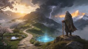 A traveler completing a long journey through valleys, mountains, healing waters, and sunrise-lit peaks, symbolizing the progression of Psalms 1–41 from wisdom and trust to healing, breakthrough, resilience, and integrity.