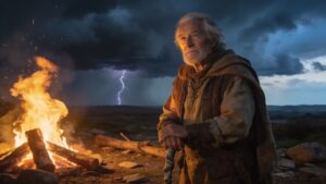 Wise traveler standing beside a protective campfire with distant storms on the horizon, symbolizing wisdom, courage, protection, resilience, guidance, emotional strength, and disciplined confidence through Psalm 34.