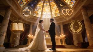 A bride and groom standing together beneath golden light, symbolizing sacred covenant, lasting love, mutual respect, honor, and faithful partnership inspired by Psalm 45.