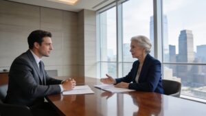 Professional salary negotiation between two business professionals in a modern office, representing confidence, fair compensation, and respectful workplace communication