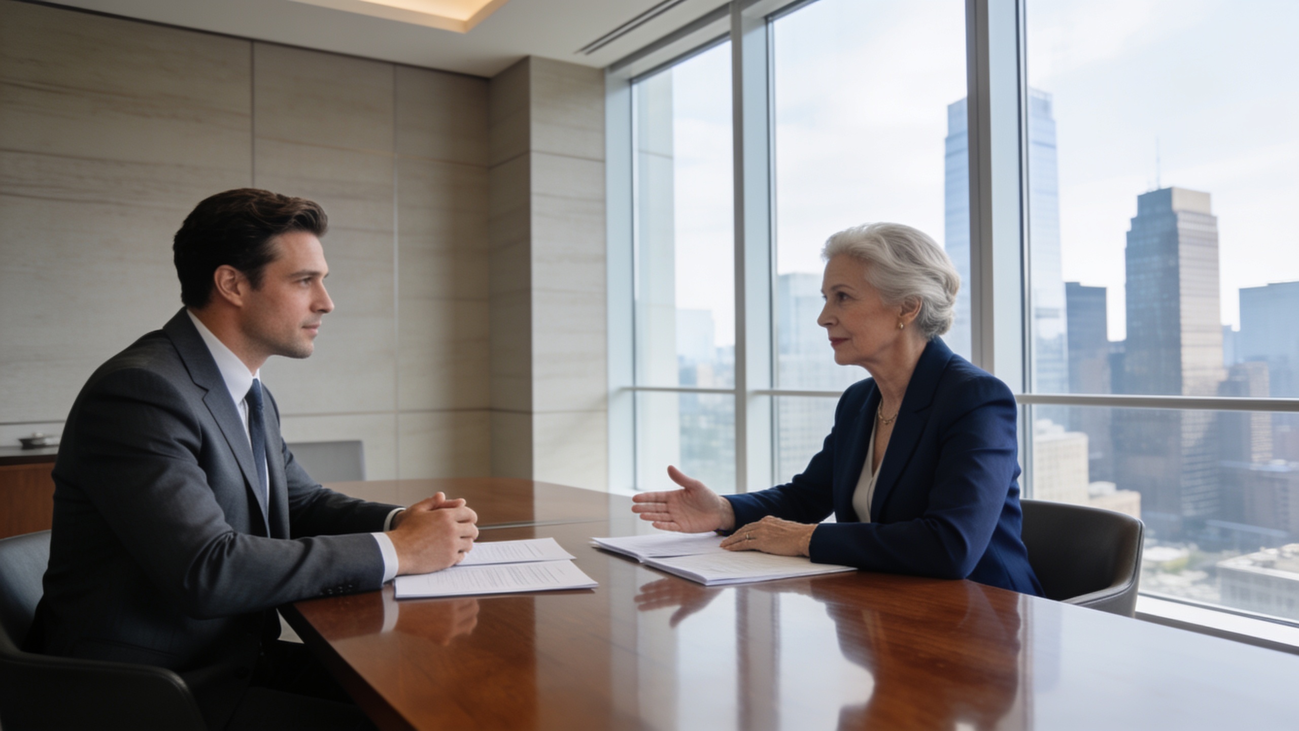 Professional salary negotiation between two business professionals in a modern office, representing confidence, fair compensation, and respectful workplace communication